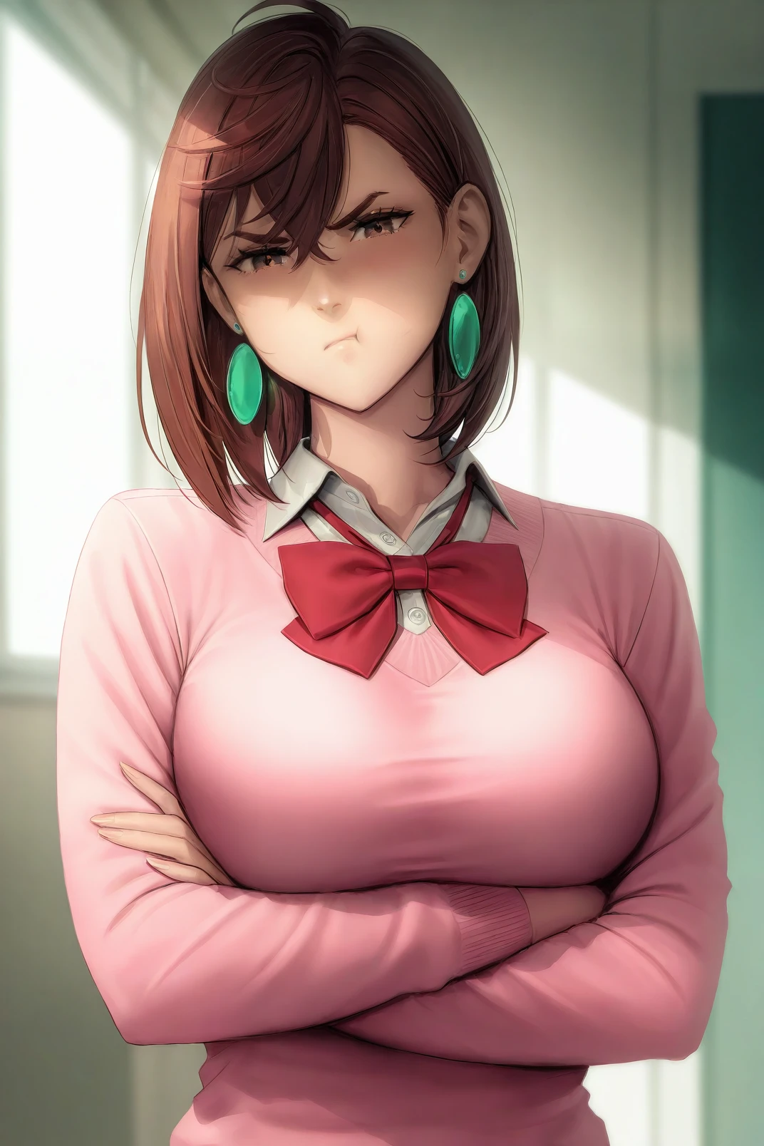 masterpiece, best quality,  absurdres, highres, cinematic light, 1girl <lora:momo_ayase:1>, ayase_wz, medium hair, brown hair, brown eyes, large breasts, chocker, red bowtie, pink sweater, pink cardigan, long sleeves, school uniform, earrings, collared shirt, white shirt, alternate costume, BREAK
soft lighting, looking at viewer, upper body, shaded face, angry, v-shaped eyebrows, school, crossed arms, pout,  <lora:zarory-style:1> zarory_wz