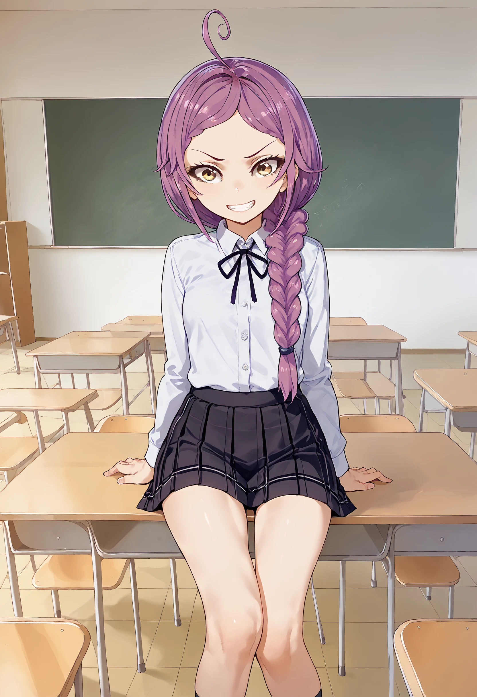 score_9, score_8_up, score_7_up, <lora:Lila_Original_Character-000007>, l1lako1, 1girl, skinyy body, skinny legs, purple hair, single braid, school outfit, grin, sit on table, classroom, anime_source