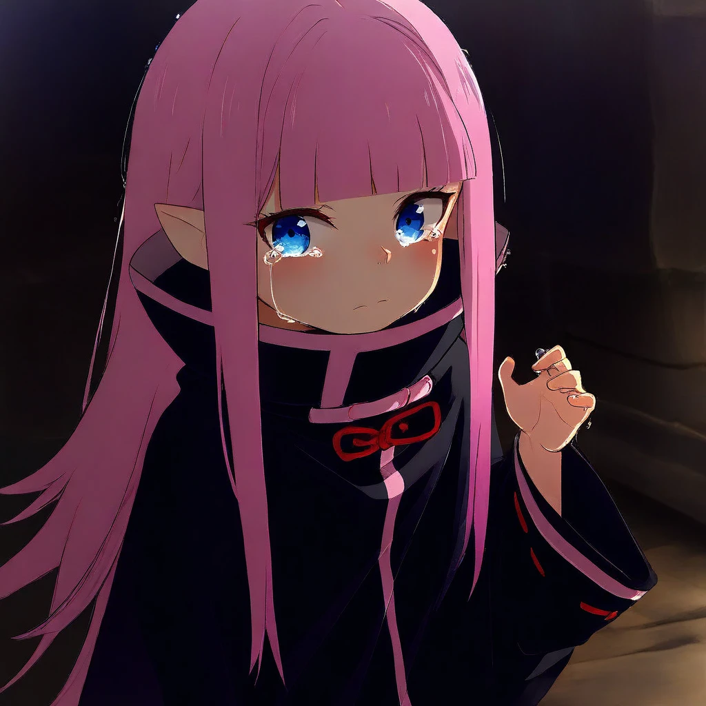 masterpiece, 1440p, 8k, UHD, amazing quality, high resolution, Ryuzu, 1girl, Ryuzu's Outfit, black clothes, solo, long hair, blue eyes, pointy ears, pink hair, looking at viewer, bangs, upper body, tears, long sleeves, closed mouth, blunt bangs, hand up