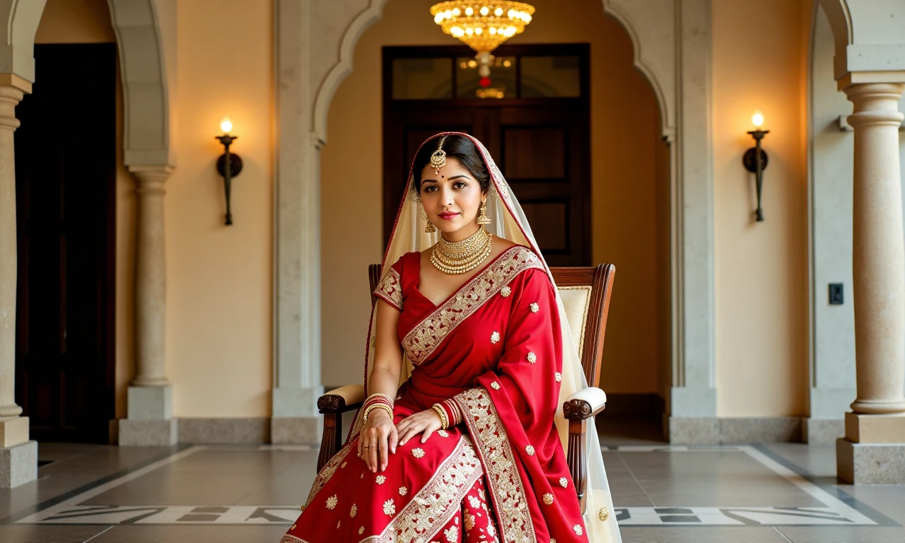 vedhikakuukohwx elegantly dressed in a vibrant, traditional red sari. The sari is adorned with golden embroidery and intricate patterns.  She wears gold jewelry, including a heavy necklace and bangles, complementing the sari.  Her makeup is traditional and subtle, focusing on enhancing her natural beauty.  A sheer, light-colored veil/dupatta covers her head and shoulders.  Her expression is serene and composed, reflecting a sense of pride and elegance. She sits with a dignified pose, seated on a wooden chair with a cream/beige upholstered seat, inside a historical/traditional interior. The room has arched, stone-carved pillars, pale beige walls, and a decorative, golden chandelier hanging high above.  The flooring exhibits a patterned stone/tile design.  Warm, golden light illuminates the scene from above, casting soft shadows and creating a romantic atmosphere.  The image has a classic, traditional Indian wedding portrait style, evoking feelings of grace, beauty, and cultural richness.  The details of the intricate design on the sari, the delicate makeup, and the rich ornamental style are carefully rendered, emphasizing the details of the subject.  A warm, inviting, and sophisticated ambiance permeates the image.  Full body portrait style.  Soft focus, classic lighting, medium perspective.
