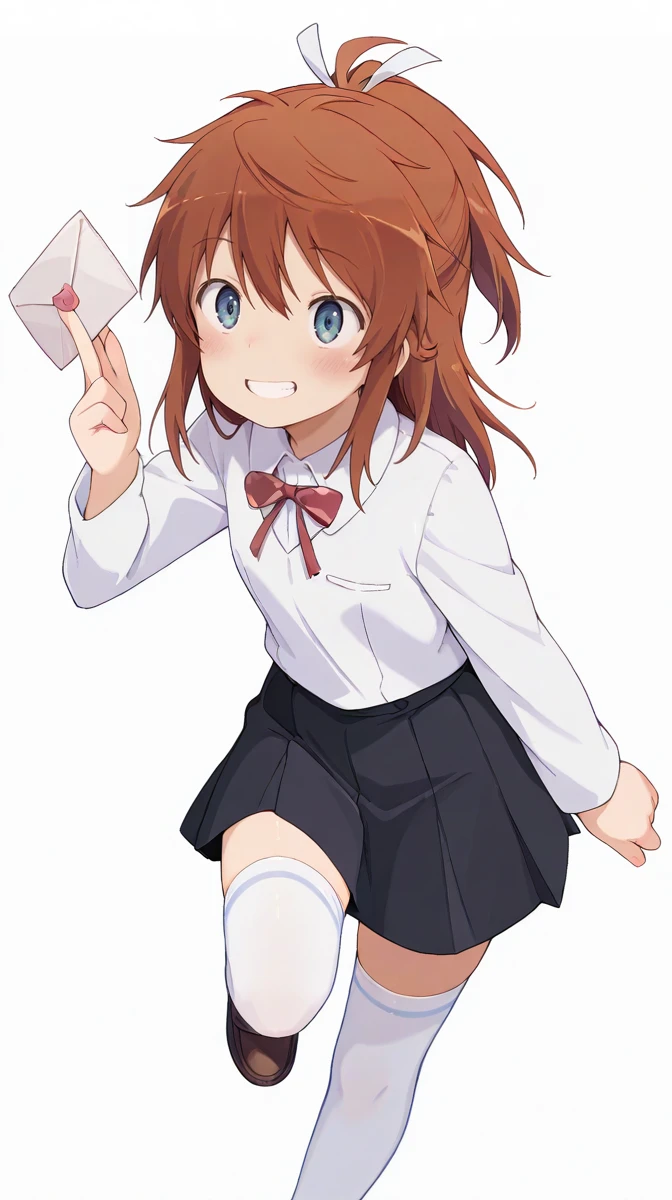 masterpiece,best quality,amazing quality,nnatsumi koshigaya, brown hair, long hair, 1girl, solo, skirt, thighhighs, smile, brown footwear, blue eyes, shoes, ribbon, loafers, shirt, white shirt, white thighhighs, holding, hair ribbon, blush, long sleeves, full body, red bow, white background, black skirt, envelope, ponytail, bow, grin, standing, standing on one leg, hand up, white ribbon, school uniform, high ponytail, collared shirt, holding envelope, sidelocks, red bowtie, bowtie, simple background, hair between eyes, pleated skirt,<lora:Natsumi_illustrious_0001:0.9>,