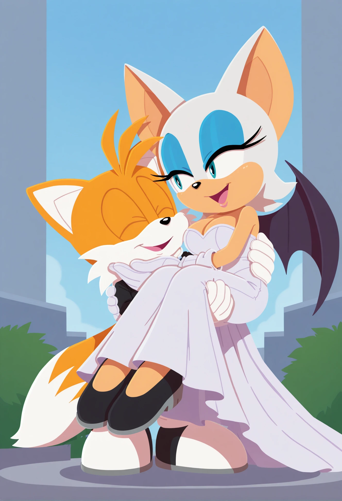 sonic (series), 1girl, 1boy,  <lora:Sonic_Channel_illu_2.5b-000019:1>, sonic channel (style), flat color, rouge the bat, orange fur, bat wings, curvy, ((skinny)), large breasts, blue eyes , open mouth, smile, wedding dress, open mouth, (tails (sonic)), white fur, ((suit)), ((princess carry)), wedding, outdoors, cheek-to-cheek, portrait, <lora:onblobv2-25:0.8>, onmodelblobian, ((black shoes)), white gloves, eye contact, from below, black nose, cheek-to-cheek, closed eyes, ((size difference:1.1)), tall female, (hand on another's chin), standing