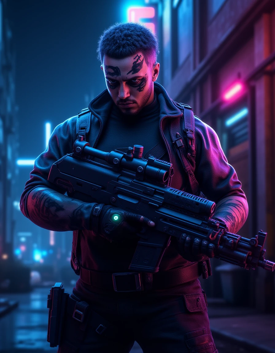<lora:cyberpunk_512_dev_f1_k:1> Cinematic Portrait, Cyberpunk Street, Gunman with Neon Tattoo, Intense Stare, Dark Alleyway, Rainy Night, High Contrast Lighting, Extreme Detail, 4k Resolution