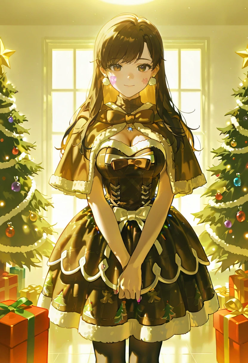 winter spice dress,brown capelet,1girl,solo,christmas tree,konya_karasue,d.va (overwatch)