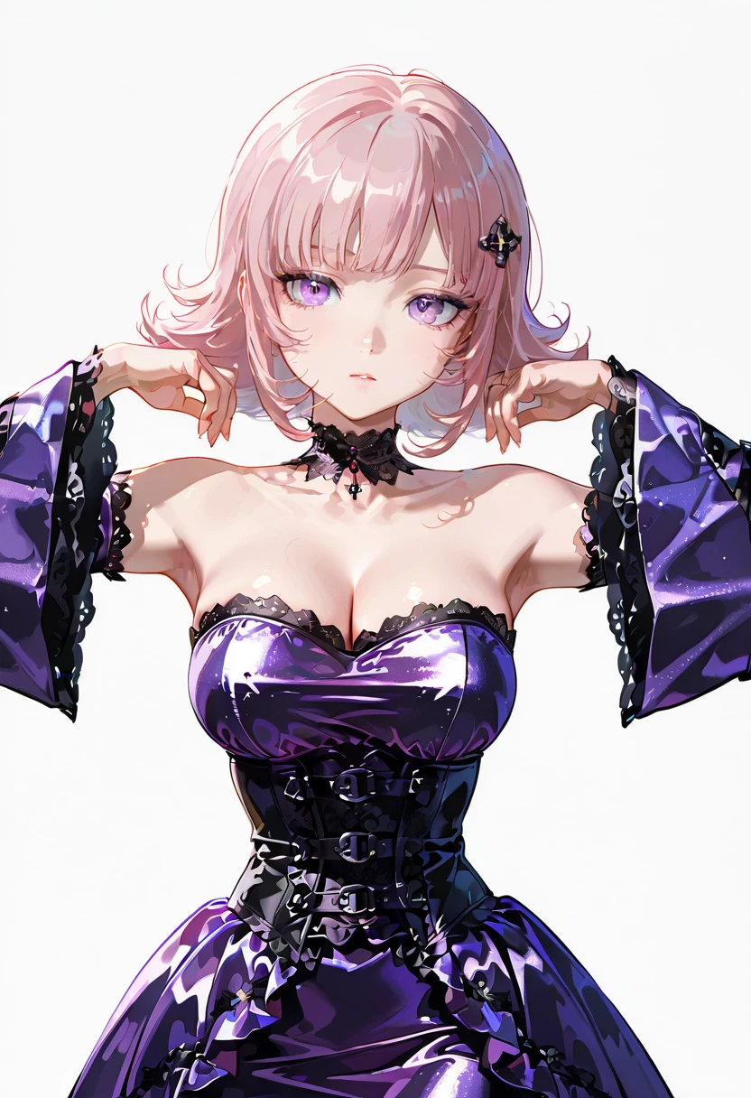 chrushed velvet dress,wide sleeves, purple dress, choker, corset,lace trim,1girl,solo, nanami_chiaki