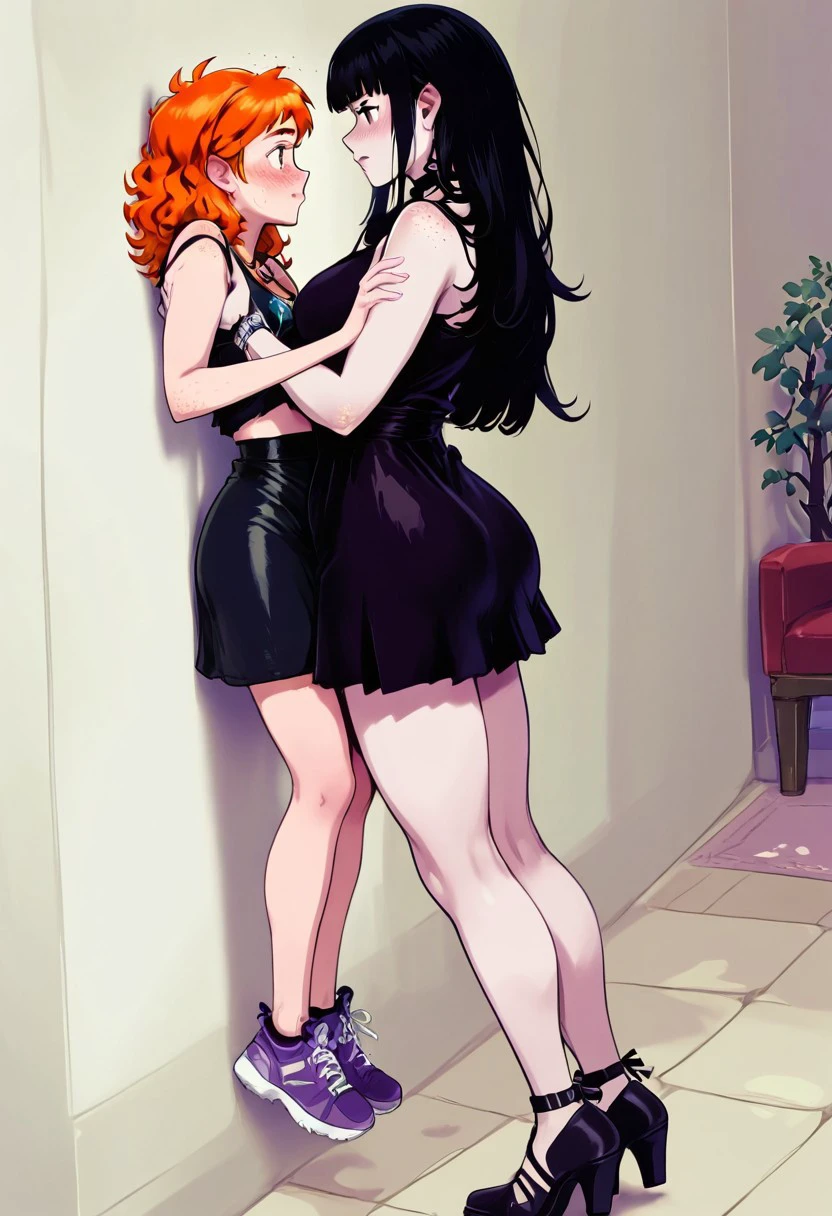 masterpiece, best quality, newest, absurdres, highres, LaurenPhillipsLifting-Meme-IL, multiple girls, 2girls, looking at another, blush, yuri, eye contact, height difference, tall female lifting short female, BREAK 1girl, goth, goth girl, gothic, black hair, tall female, lifting, BREAK 1girl, orange hair, ginger, freckles, blush, lift, short female,