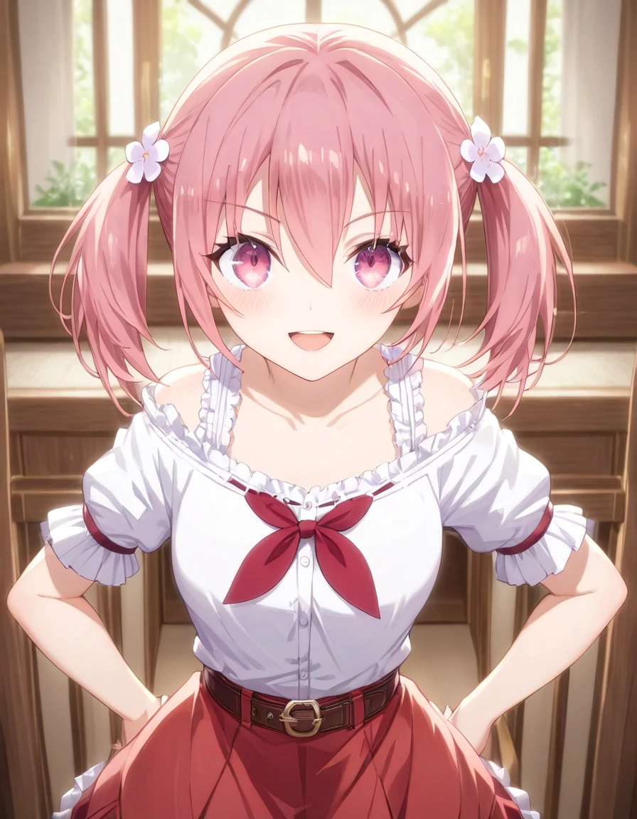 Haruko, 1girl, solo, looking at viewer, blush, smile, bangs, skirt, shirt, hair ornament, hair between eyes, bare shoulders, twintails, closed mouth, collarbone, white shirt, pink hair, flower, short sleeves, frills, puffy sleeves, belt, indoors, hair flower, pink eyes, off shoulder, blurry, puffy short sleeves, blurry background, red skirt, white flower, red neckerchief, buckle, hands on hips, belt buckle, off-shoulder shirt, split mouth