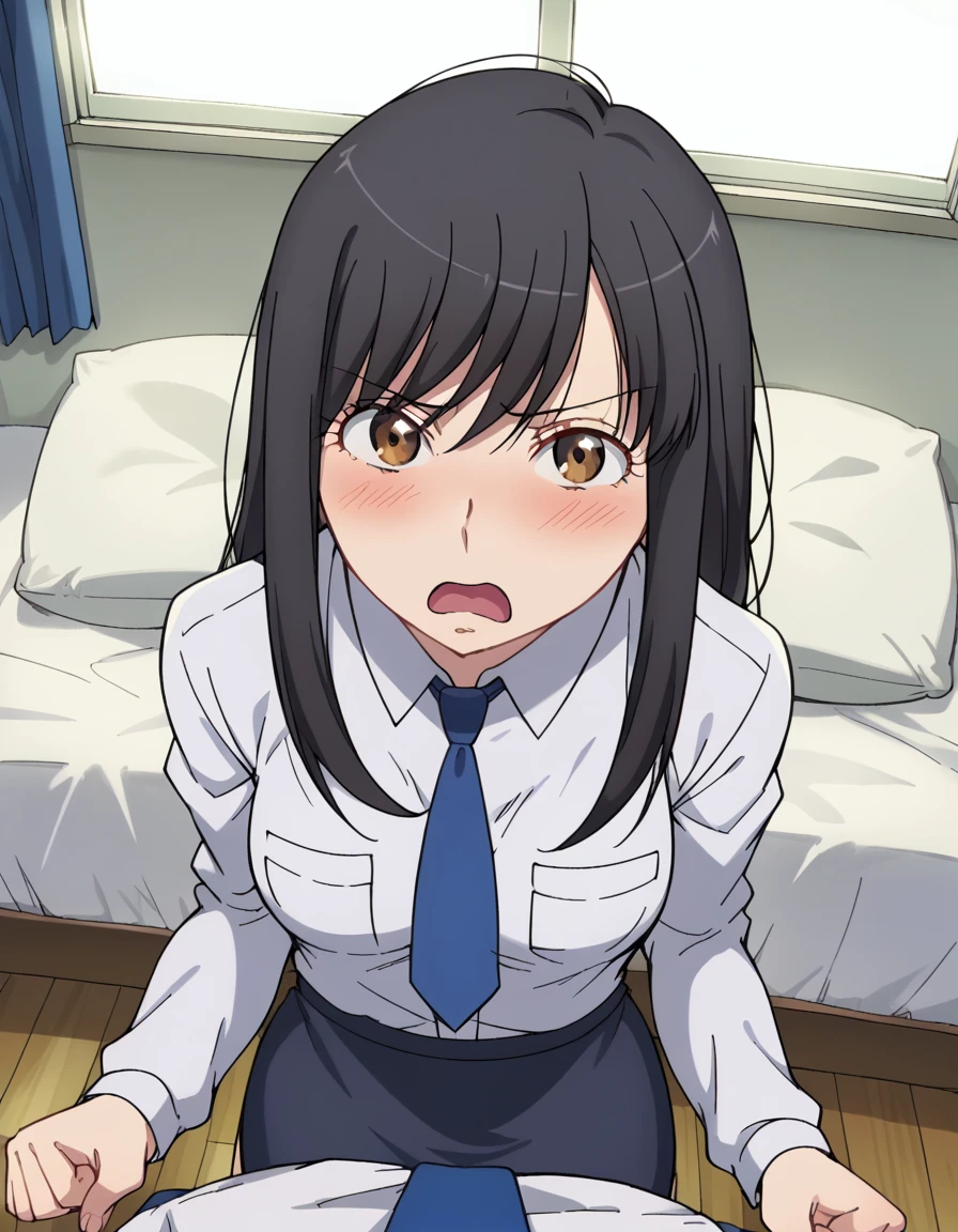 score_9, score_8_up, score_7_up, source_anime, <lora:yuki-kaizuka-s1-ponyxl-lora-nochekaiser:1>, yuki kaizuka, long hair, black hair, brown eyes, medium breasts, anime screencap,, skirt, pantyhose, necktie, pencil skirt, long sleeves, collared shirt,, bedroom, bed, pillows, nightstand, window, , <lora:breast-press-pov-ponyxl-lora-nochekaiser:1>, breast press pov, breast press, pov, from above, clenched hands, blush, looking up, open mouth, embarrassed, cowboy shot, looking at viewer, solo,, dutch angle, cowboy shot