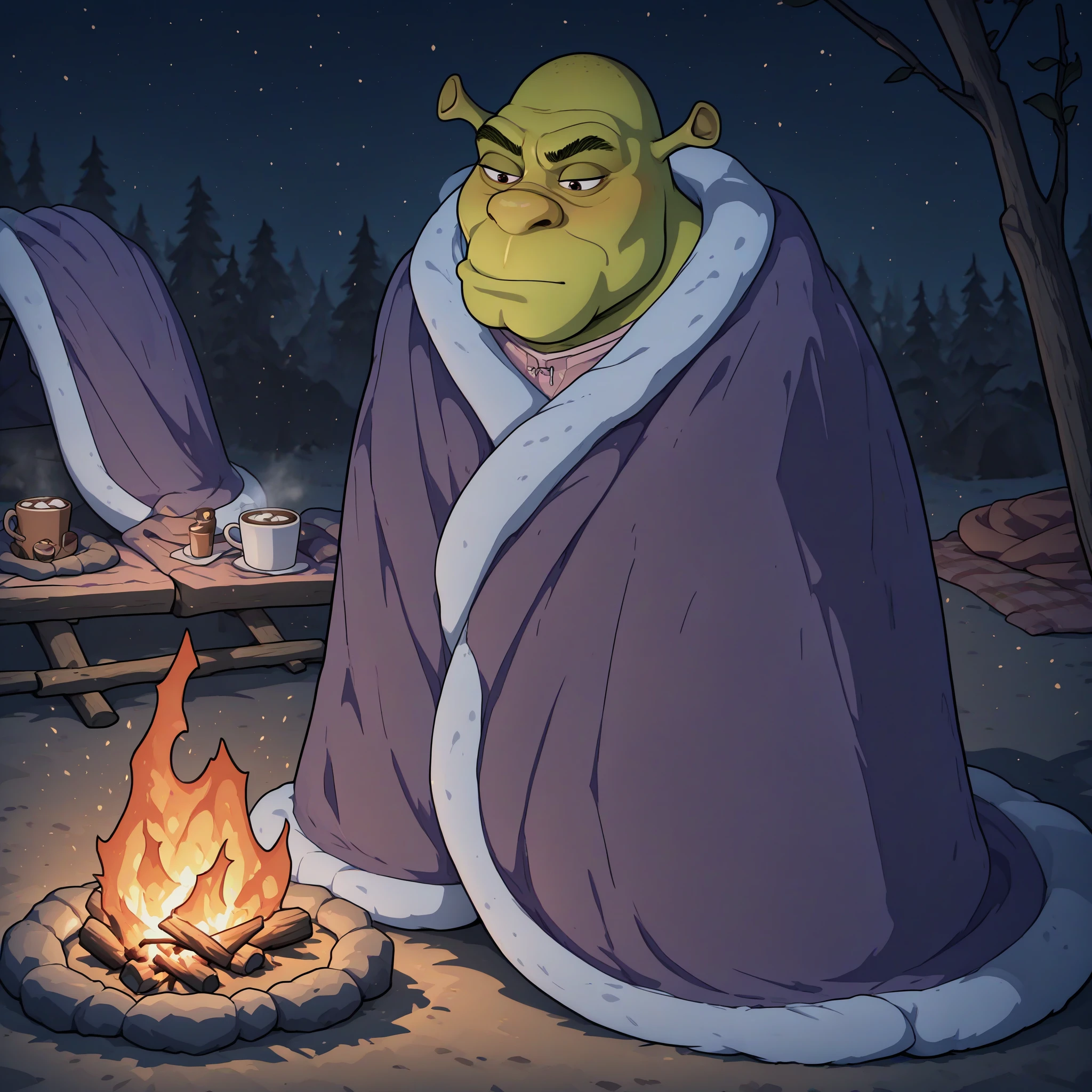 masterpiece, best quality, newest, absurdres, highres, blanket, under covers, <lora:CozyBlanket_illusXL_Incrs_v1:1>, pajamas, alternate costume,  <lora:Shrek_illusXL_Incrs_v1:0.8> shrek, bald, green skin, campfire, hot chocolate,