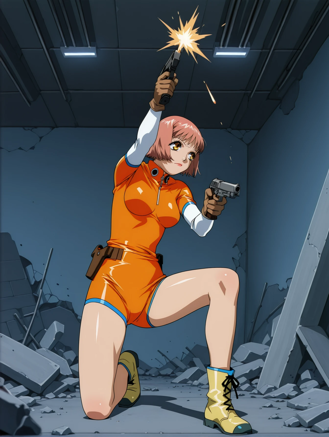 <lora:mikura-momomi-v4-illustrious-000009:0.9> m1kur4a, bodysuit, bare legs, boots, 1girl, solo, firing, uzzle flash, handgun, one knee, office, rubble, dynamic, masterpiece, best quality