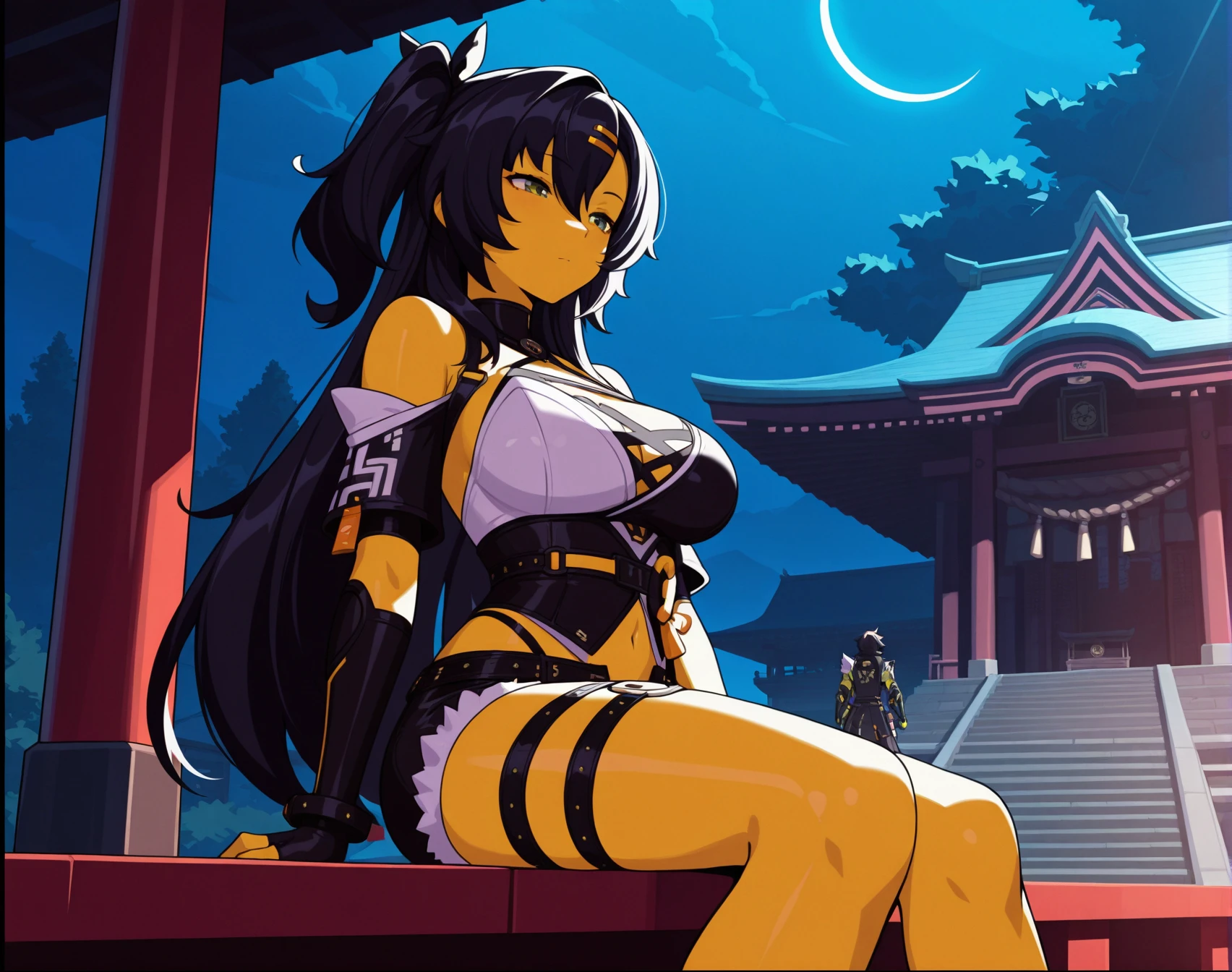 <lora:_zzz_comix_NAIXL-000020:1.1>  zzzgamecomix style, best quality, masterpiece, uncensored, source_anime, sunlight dramatic style oskarathon klindomit,1girl,shinto shrine,night,black hair,side breast,long hair, side ponytail,long hair, yellow skin, long hair, hairs between eyes,sitting,