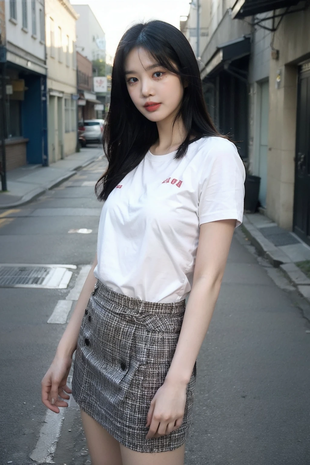 (realistic), (hyperrealism),best quality, masterpiece,ultra high res, (photorealistic:1.4),1girl,pale skin,(looking at viewer:2),street alley,
cowboy shot,    <lora:makina69_soojin_v1.0:1>, casual clothes, skirt