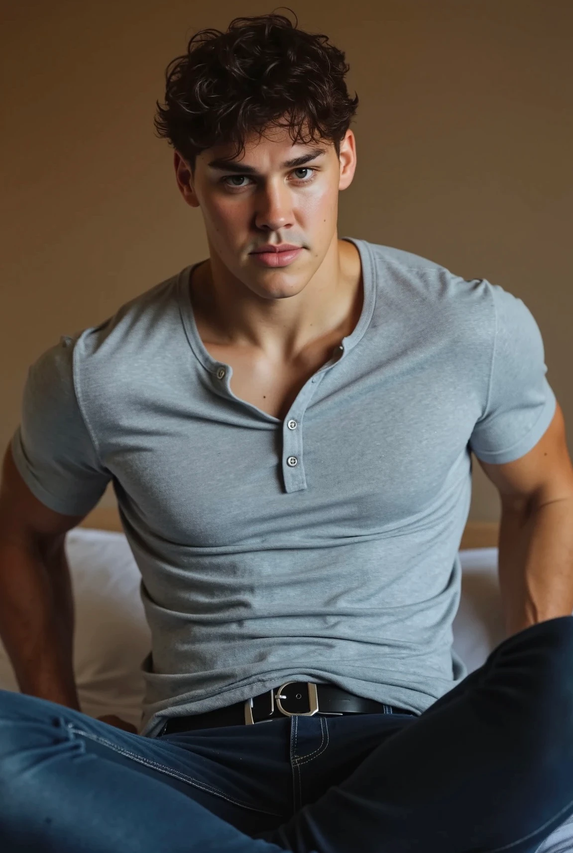 Noah Beck. The image is a high-resolution photograph of Noah Beck with short dark brown, curly, and slightly tousled, giving it a natural, casual look. He is in what appears to be a dorm room. He is looking at the viewer. He is wearing a fitted, very tight light grey short-sleeve Henley shirt, that is tight across his chest. He is wearing fitted denim jeans with a black belt and silver buckle. He is sitting on his bed.