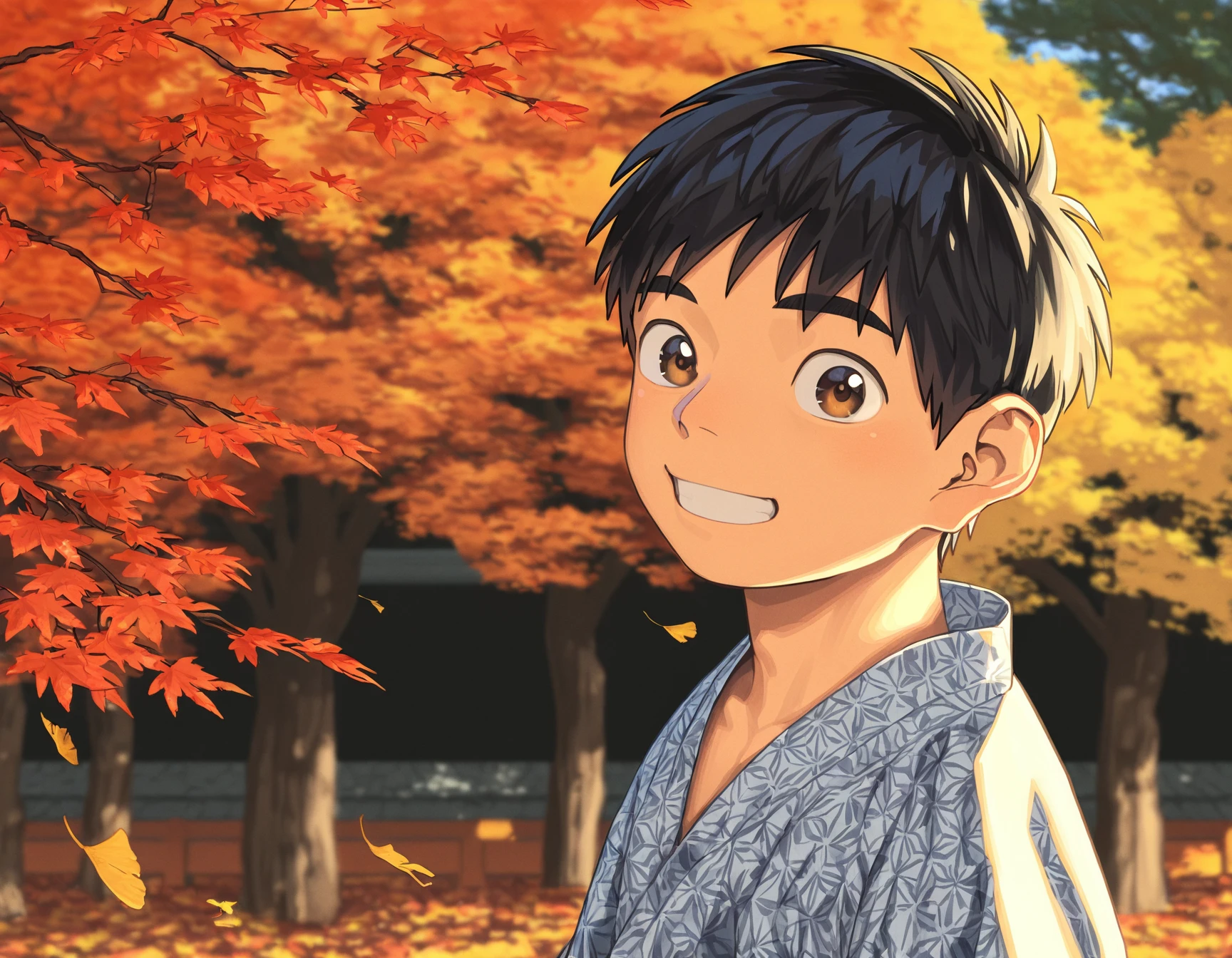 masterpiece, shounenzoom-style, 2020s, outdoors, autumn, trees, autumn leaves, from side, upper body, 1boy, solo, black hair, brown eyes, beautiful eyes, japanese clothes, yukata, smile, looking at viewer <lora:shounen_zoom-naixl-v7Nc-ShoAI:1>