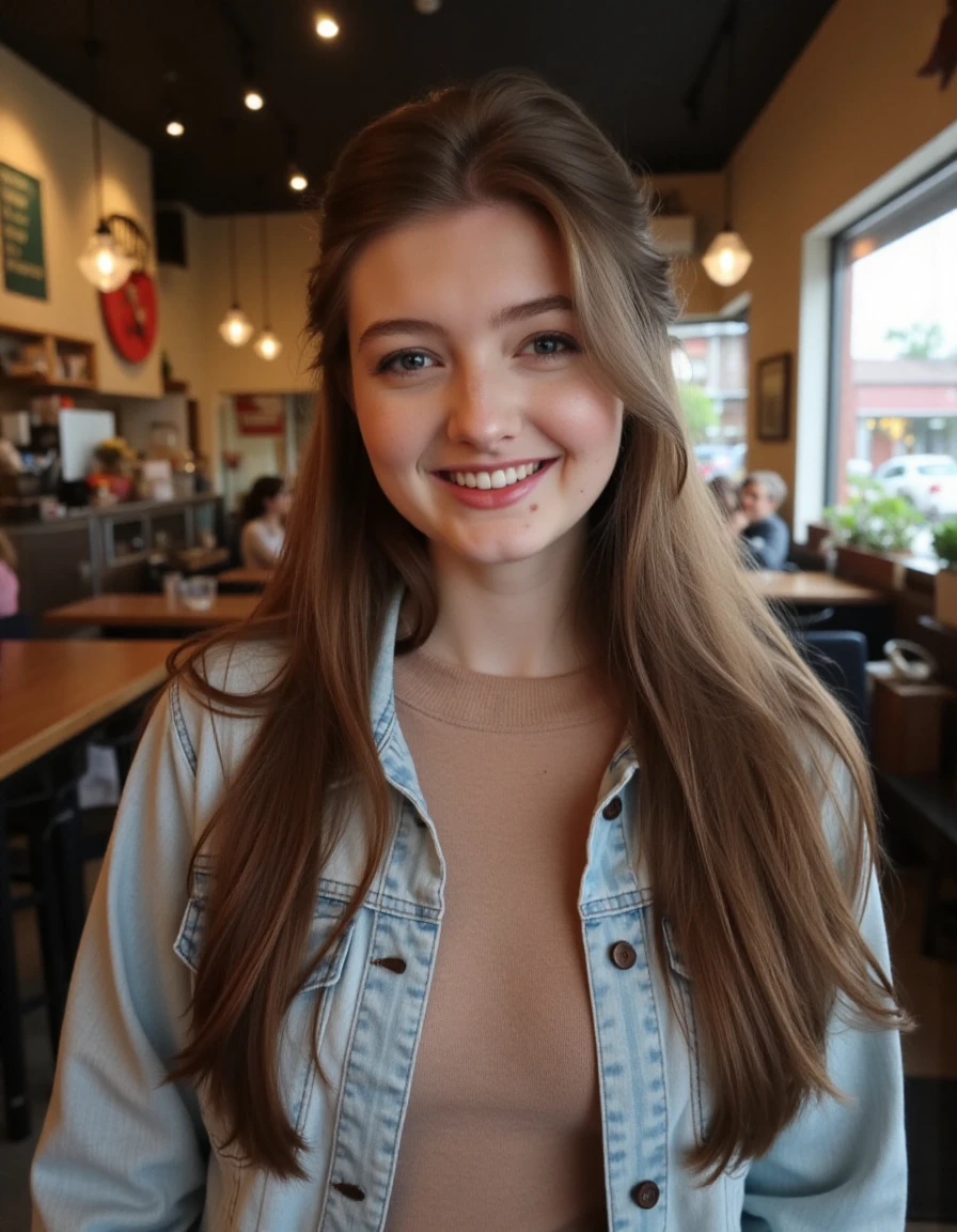 This is an image of S0PH14, a beautiful detailed photograph, hair cascading, makeup, wearing casual clothes, standing in a cafe looking at the viewer, smiling, showing her teeth.