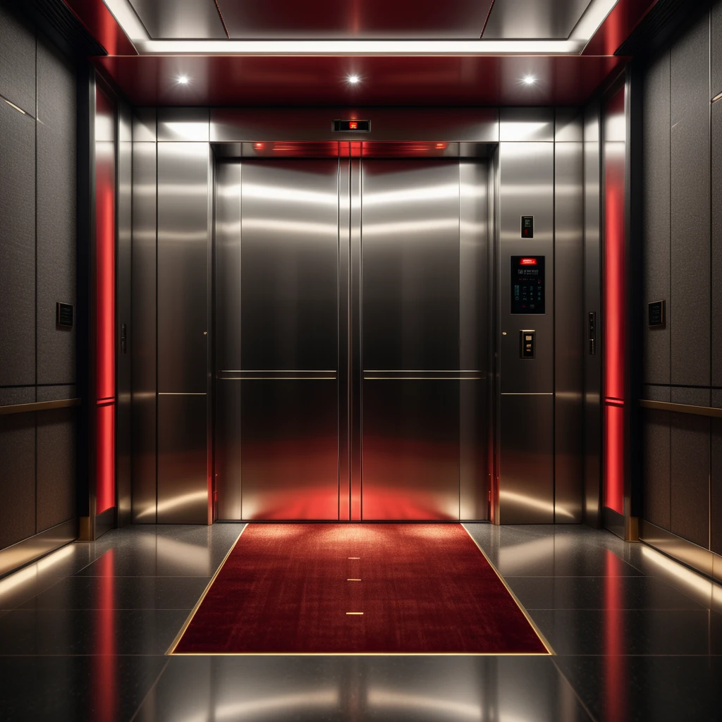 (Simple elevator interior:1.2), Symmetrical composition, Red carpet flooring, (Floor indicator above doors:1.3), Metallic control panel, Polished steel walls, Subtle reflections, (Soft dim lighting:1.2), Shadowed corners, Minimalist details, Subdued ambiance.
<lora:SDXLFaeTastic2400:0.4> <lora:extremely_detailed:0.4> extremely detailed, Masterpiece,best quality,hi res,8k,hi res,8k,award winning,(sharp focus, intricate, highly detailed),