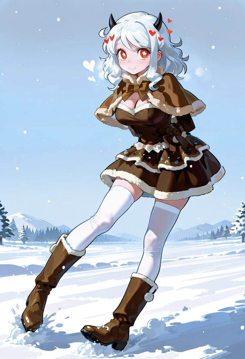 winter spice dress,brown capelet,1girl,solo,snow,snowing,modeus_(helltaker), boots, heart, white thighhighs,