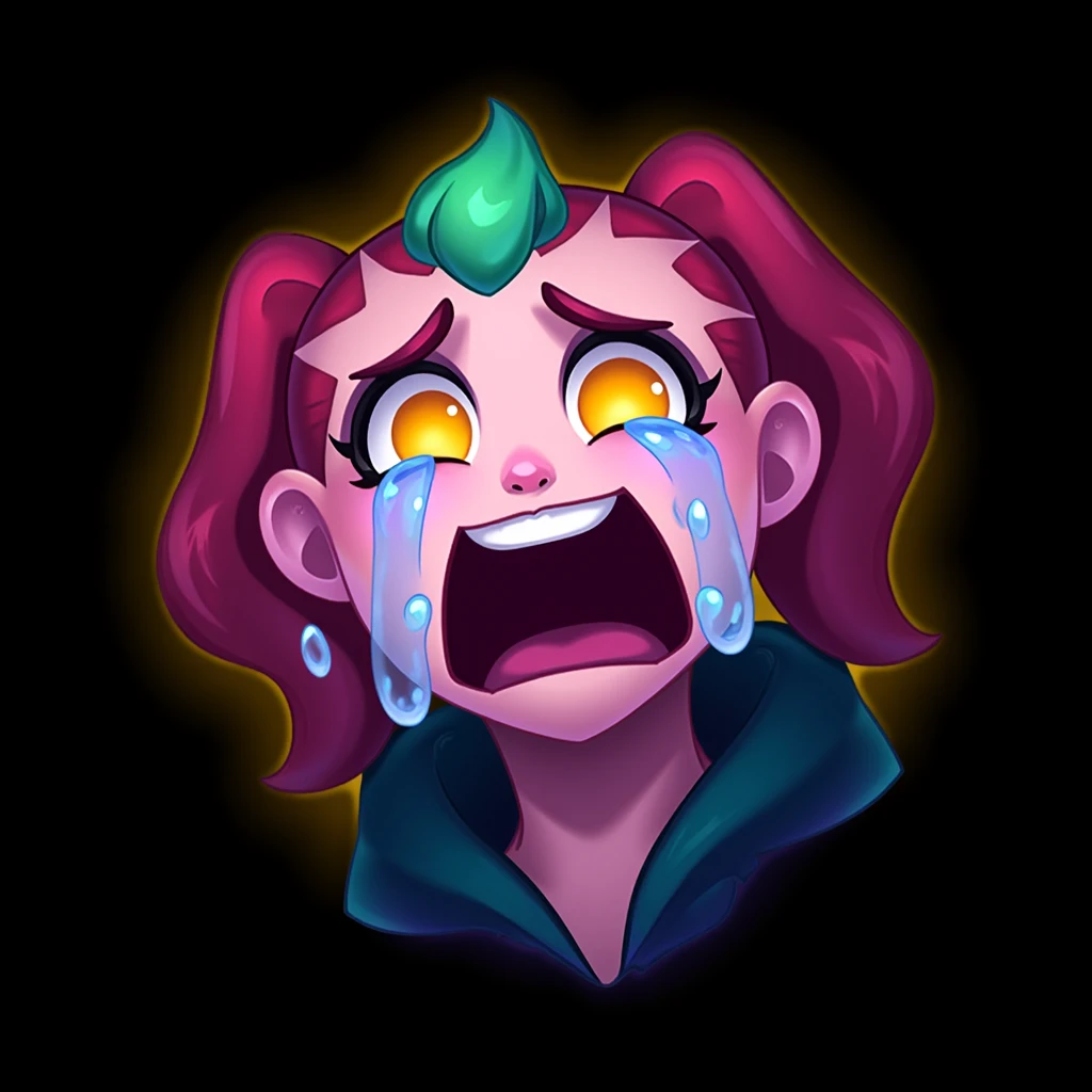 emotelol, 
colored hair, annie from league of legends, chiby, sad crying many tears, screaming expresion
, cartoon emote style, detailed, league of legends, stroke, outer glow, black background
