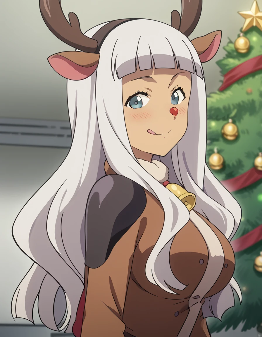 score_9, score_8_up, score_7_up, source_anime, <lora:lendy-farolito-s1-ponyxl-lora-nochekaiser:1>, lendy farolito, long hair, bangs, white hair, blunt bangs, grey eyes, large breasts, anime screencap,, <lora:reindeer-costume-ponyxl-lora-nochekaiser:1>, reindeer costume, animal costume, reindeer antlers, antlers, fake antlers, reindeer hood, christmas, red nose, deer ears, deer tail, christmas tree, bell, horns, reindeer,, blush, smile, tongue out, looking at viewer,, , dutch angle, cowboy shot