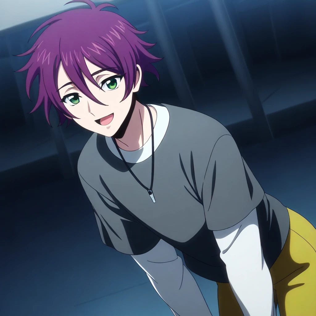 score_9, score_8_up, score_7_up, source_anime, masterpiece, best quality, good eyes, Aikwa Kuon, 1boy, male focus, solo, green eyes, purple hair, asymmetrical bangs, shirt, white long sleeves shirt, gray short sleeves shirt, yellow pants, upper body, outdoor, open mouth, classroom, smile, bent over, cowboy shot, looking at viewer, solo, dutch angle,