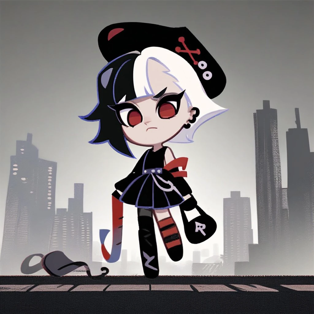 score_9, score_8_up, score_7_up, score_6_up, score_5_up, score_4_up, currant, black and white hair, red eyes, black shirt, black skirt, mismatched shoes, purse, black hat, ribbon, detailed background, city