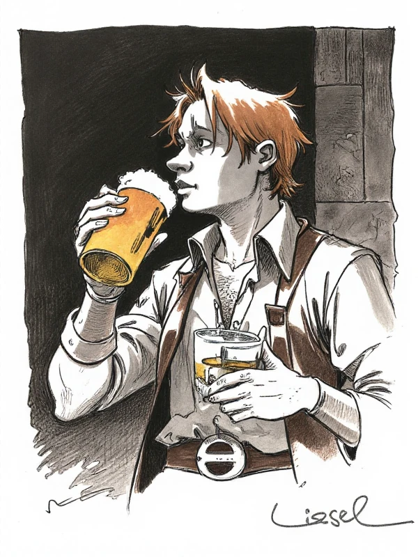 <lora:Loisel Style:0.9> loisel style, drawing, a man holding a beer in a pub