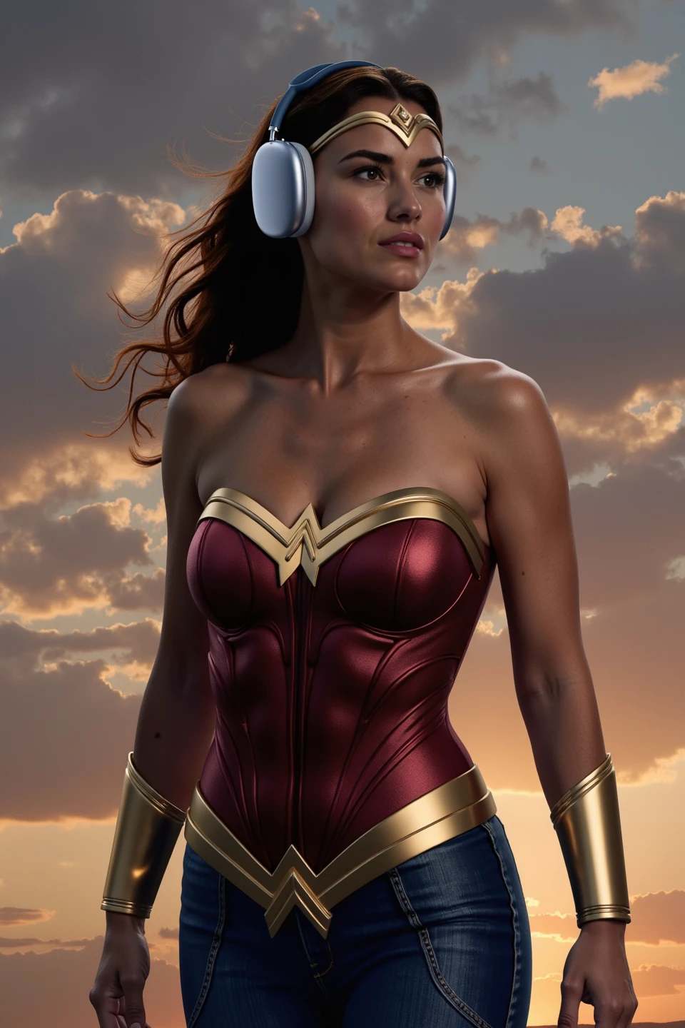 appleapm, Wonderwoman wearing a pair of wireless sleek, modern over-ear headphones. <lora:WirelessHeadphonesFlux:0.8>