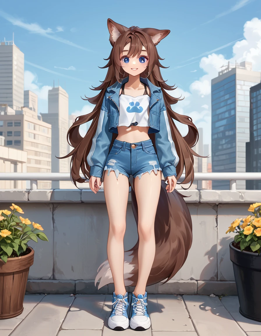 outdoors,city, 
full body,smile,parted lips, 
denim shorts, crop top,denim jacket, 
<lora:Fika_v01_PDXL:1>,Fika,1girl,solo,dog girl,brown hair,very long hair,blue eyes,dog ears,animal ear fluff,dog tail,