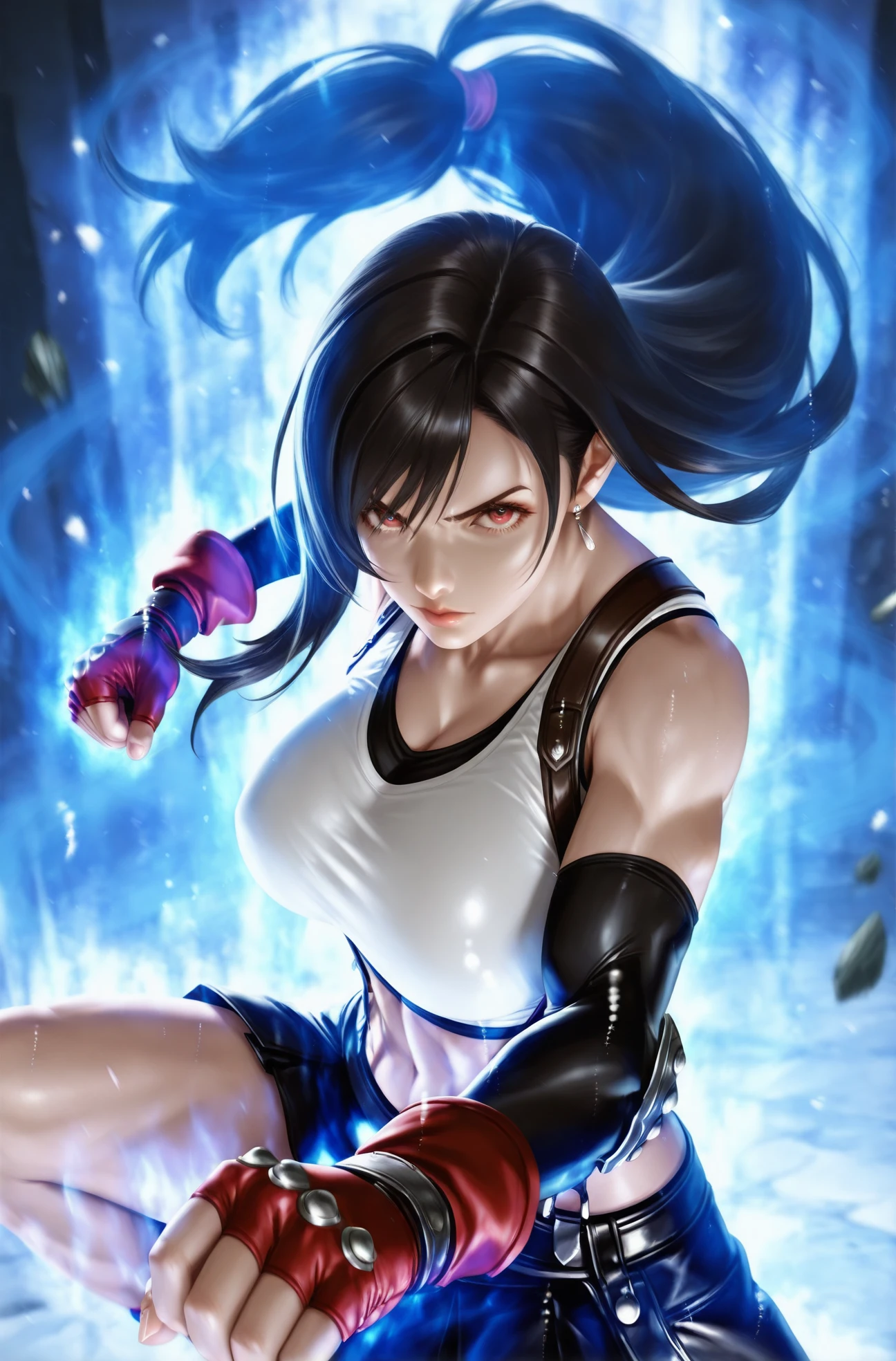 masterpiece, best quality, 2.5D,realistic
<lora:Ultra Instinct [IL]:1.7> ultra_instinct, white and blue aura, floating hair, fight stance, white particles
1girl, solo, tifa lockhart, dynamic pose , fighting stance