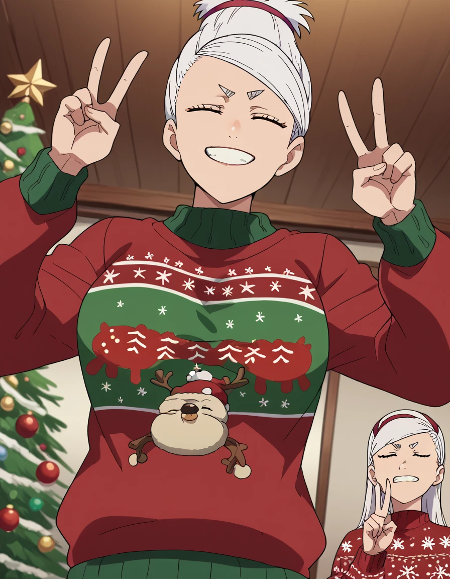 score_9, score_8_up, score_7_up, source_anime, <lora:saeko-ayase-s1-ponyxl-lora-nochekaiser:1>, saeko ayase, long hair, large breasts, white hair, brown eyes, anime screencap,, <lora:christmas-sweater-ponyxl-lora-nochekaiser:1>, christmas sweater, christmas, ugly sweater, print sweater, red sweater, christmas tree, christmas ornaments, sweater, multicolored sweater, , v, smile, hands up, teeth, closed eyes, cowboy shot,, , dutch angle, cowboy shot