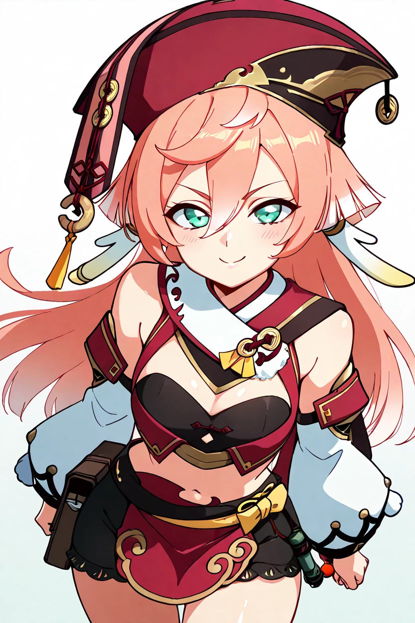 masterpiece, best quality, solo, curvy, beautiful eyes,,<lora:YanfeiGenshinIXL:1.0>, zzYanfei, green eyes, hair between eyes, horns, long hair, pink hair, hat, red headwear, bare shoulders, long sleeves, detached sleeves, crop top, midriff, from above, dynamic pose, cowboy shot, smile, looking at viewer, shiny skin,<lora:DiivesIXL:1.0>,