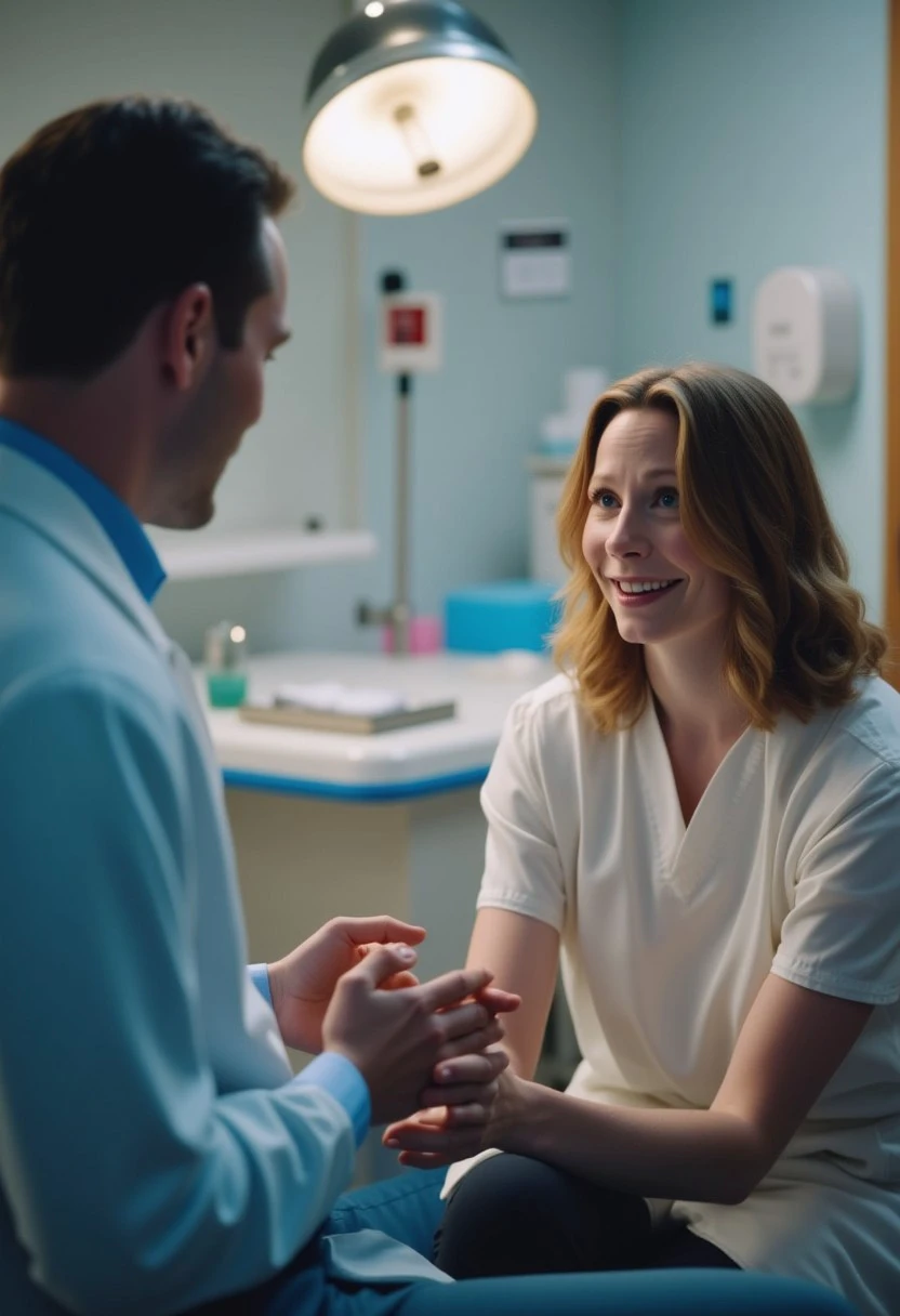 R1ra as a female doctor in an examination room giving a patient bad news as gently as possible, holding his hands in hers. They are both seated and the patient is wearing a hospital gown.