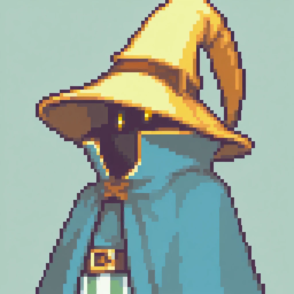 masterpiece, best quality, solo, 1boy, looking at viewer,  <lora:FEGBA-PortraitsV2-illus_Fp:1>, portrait, pixel art, simple background, upper body, <lora:Ziggy-illus_Fp:1>, ziggy, yellow eyes, shaded face, faceless, no mouth, wizard hat, striped pants, cloak, robe,