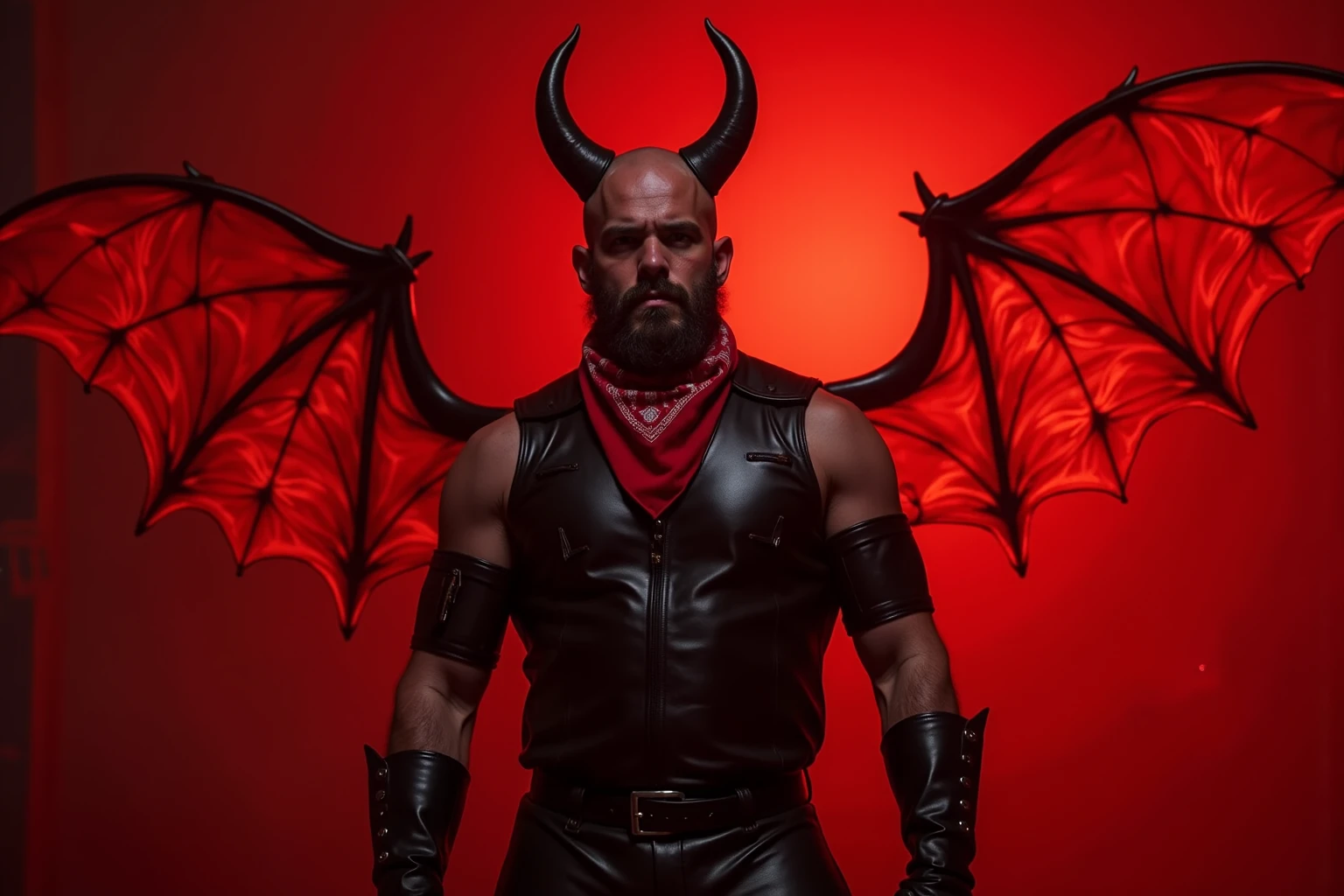 a man in black leather kink gear in a red lit sex dungeon, he is wearing a color popping red bandana around his neck, thick black beard and is very handsome, he unfurls his translucent demon wings that outstretch behind him like a bat