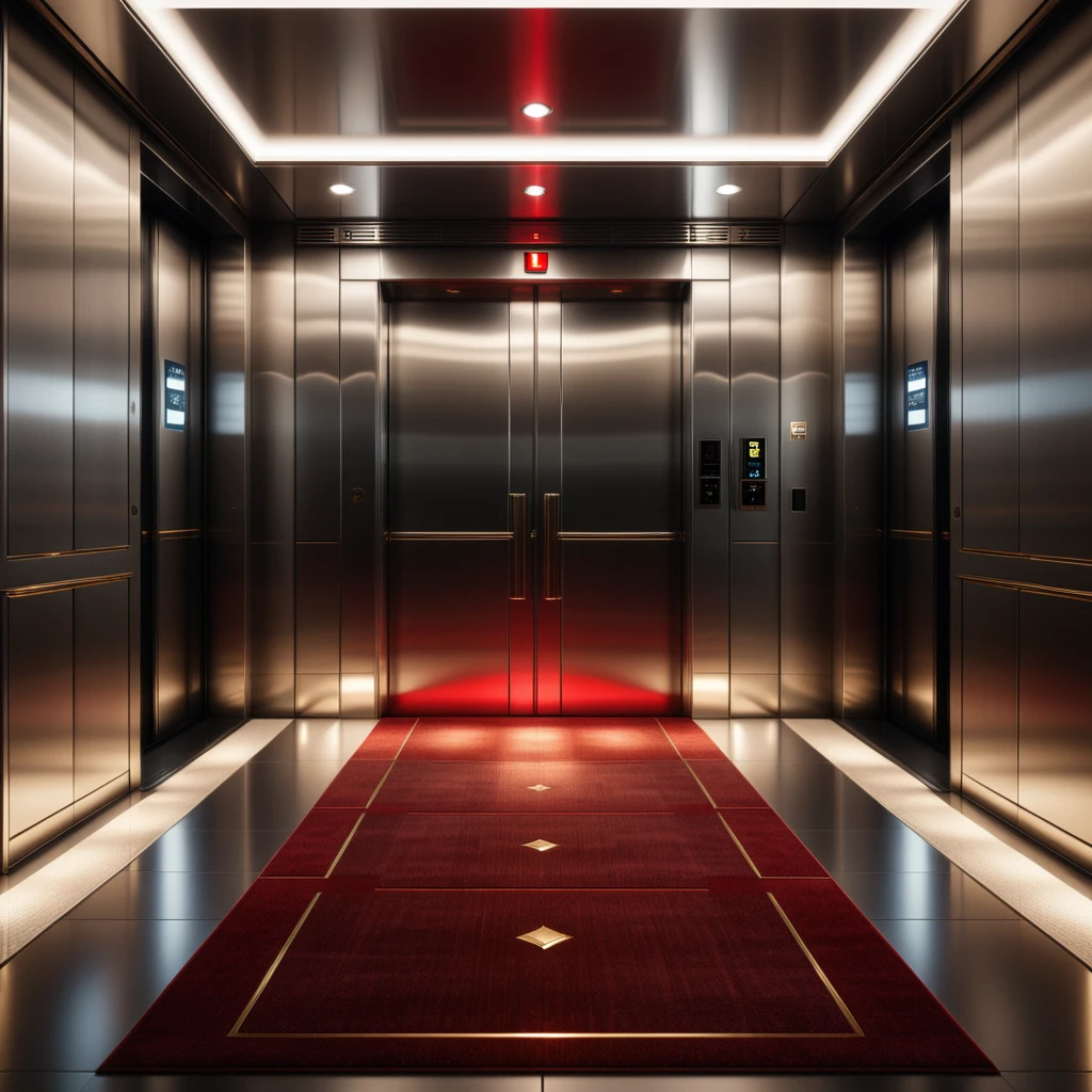 (Simple elevator interior:1.2), Symmetrical composition, Red carpet flooring, (Floor indicator above doors:1.3), Metallic control panel, Polished steel walls, Subtle reflections, (Soft dim lighting:1.2), Shadowed corners, Minimalist details, Subdued ambiance.
<lora:SDXLFaeTastic2400:0.4> <lora:extremely_detailed:0.4> extremely detailed, Masterpiece,best quality,hi res,8k,hi res,8k,award winning,(sharp focus, intricate, highly detailed),