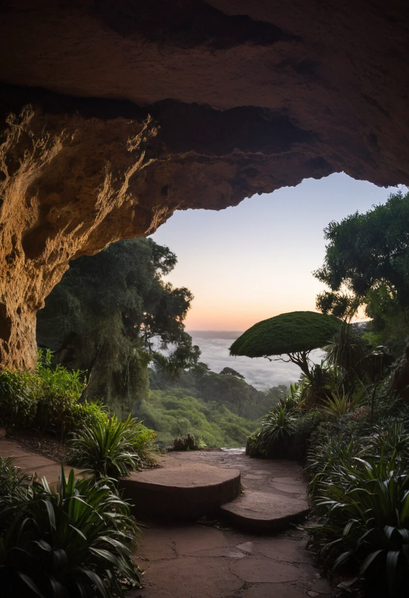 photograph, landscape of a Mythical Grotto from inside of a Harare, at Twilight, Depressing, Cloudpunk, Cold Lighting, dynamic, Nikon d850, Depth of field 270mm, Amaro, Golden ratio