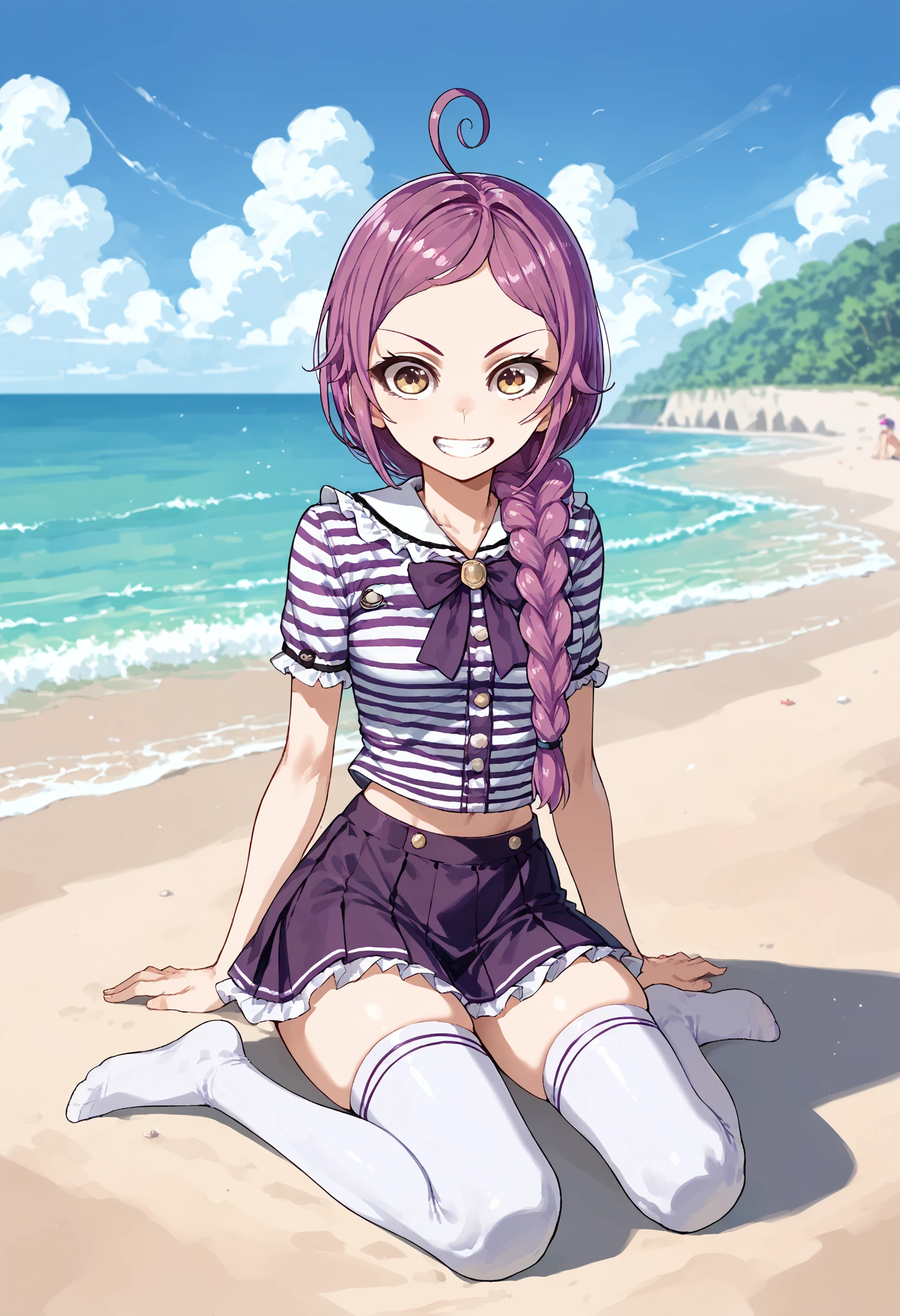 score_9, score_8_up, score_7_up, <lora:Lila_Original_Character-000007>, l1lako1, 1girl, skinyy body, skinny legs, purple hair, single braid, grin, sitting, beach, anime_source, <lora:sweet_girl_slim_puff_v1.7-pony:0.8>, layered skirt, short skirt, striped shirt, frilled sailor collar, bowtie, badge, thighhighs