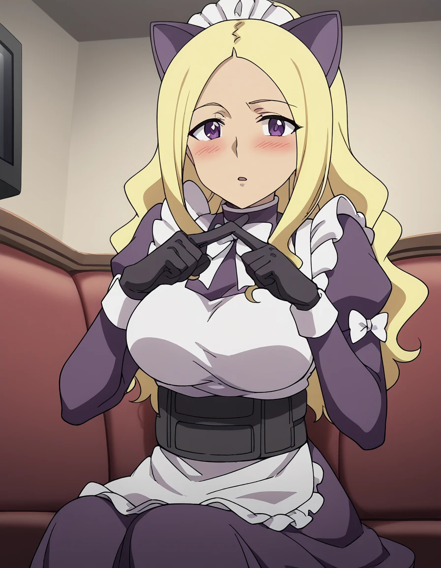 score_9, score_8_up, score_7_up, source_anime, <lora:wydine-uptown-s1-ponyxl-lora-nochekaiser:1>, wydine uptown, long hair, blonde hair, purple eyes, large breasts, anime screencap,, gloves, animal ears, cat ears, maid, maid headdress,, living room, television, couch, popcorn, watching movie, night time, sitting, , <lora:x-fingers-ponyxl-lora-nochekaiser:1>, x fingers, blush, parted lips,, looking at viewer, solo,, dutch angle, cowboy shot