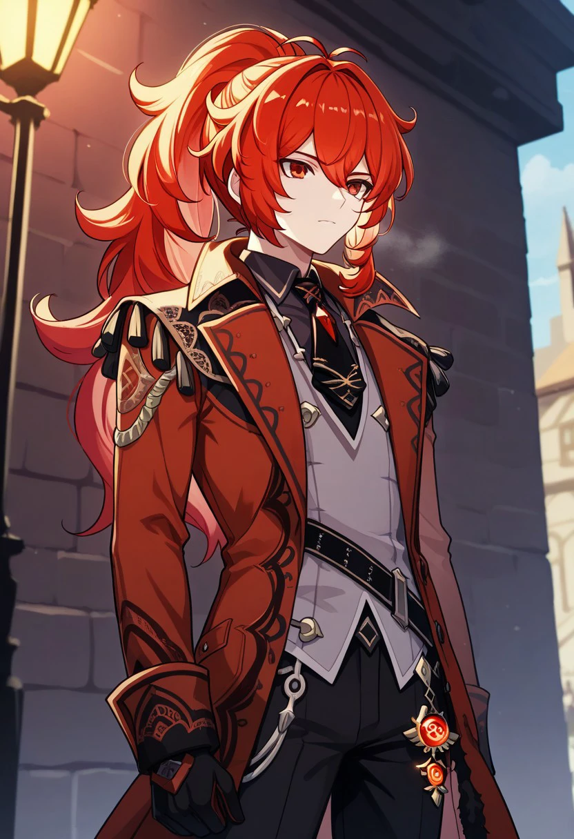 masterpiece, best quality, 
diluc, 1boy, male focus, solo, red eyes, red hair, long hair, high ponytail, bangs, hair between eyes, antenna hair, alternate costume, shirt, necktie, grey vest, coat, red coat, pants, black pants, vision (genshin impact),
outdoor,