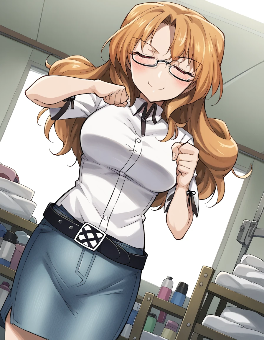 score_9, score_8_up, score_7_up, source_anime, <lora:moeka-kiryu-ingame-ponyxl-lora-nochekaiser:1>, moeka kiryu, long hair, brown hair, red eyes, glasses, large breasts,, skirt, shirt, belt, short sleeves, denim skirt,, gym storeroom, equipment, supplies, cleaning, storage, smile, <lora:shikairo-days-dance-ponyxl-lora-nochekaiser:1>, shikairo days dance, shikairo days dance (meme), dancing, meme, closed eyes, clenched hands, glowsticks, blush, smile,, looking at viewer, solo,, dutch angle, cowboy shot