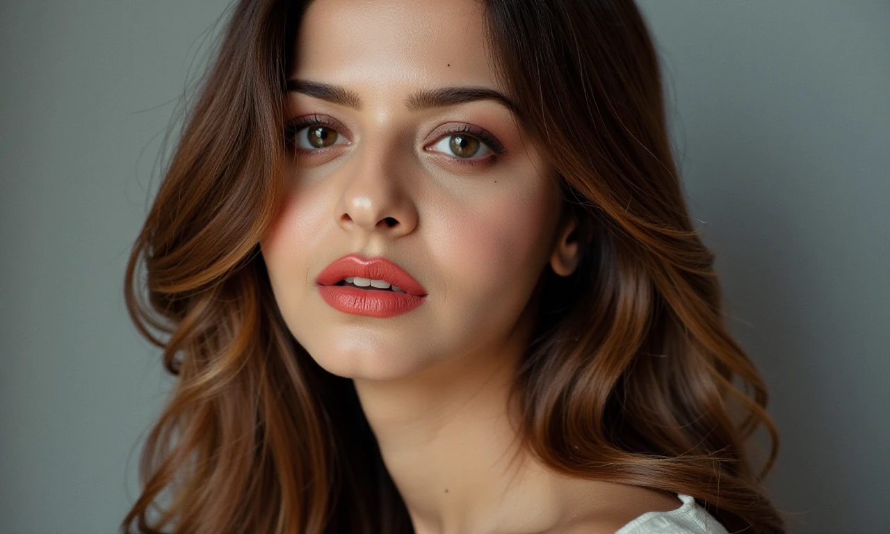 Close-up portrait of vedhikakuukohwx .  Soft lighting and a muted color palette create a melancholic atmosphere.   The woman's expression is contemplative and slightly wistful, with a focused gaze directed slightly off to the viewer's right. Her lips are painted with a vibrant coral-red lipstick.  Long, wavy light brown hair frames her face, cascading down her shoulders.  The hair has a natural, slightly tousled texture.  The subject's skin is smooth and pale, with subtle highlights and shadows, suggesting a soft portrait style.  The background is a muted, neutral tone of gray, with a subtle grunge-like texture, drawing attention to the subject.  The composition emphasizes the subject's facial features and expression, with a slightly low-angle perspective that accentuates the contours of her face.  This intimate portrait style evokes a sense of quiet introspection.  The image features soft, diffused lighting, with the soft lighting emphasizing the details of her face, creating a romantic and somewhat ethereal feel.  The overall mood leans toward contemplative and thoughtful with a touch of elegance.  A muted palette of grays and beiges with a hint of a warm red on the lips generates a timeless and classic style.  The image could be described as a portrait study or art photography.
