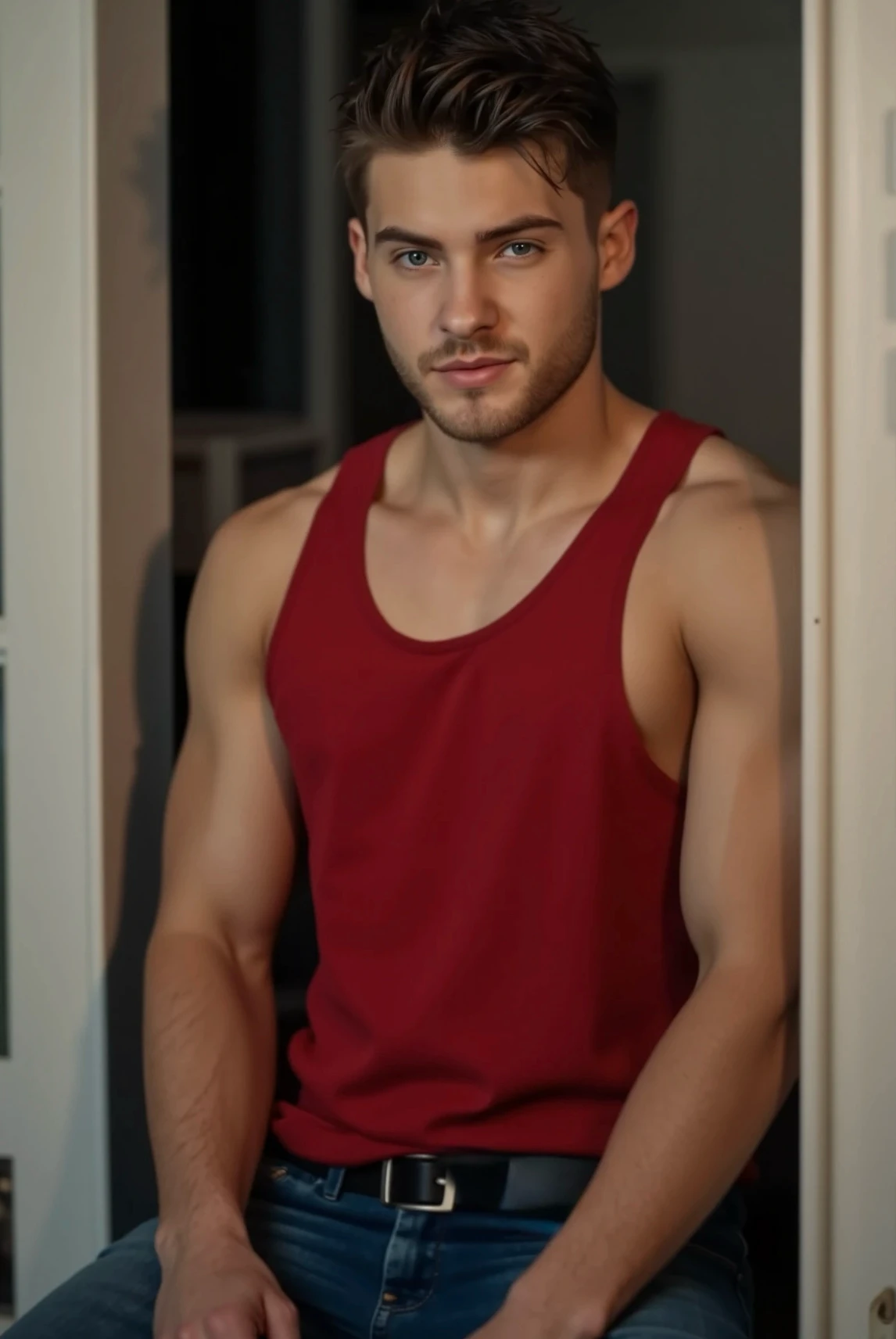 Cody Christian. This image is a high-quality photograph featuring Cody Christian with short, neatly styled brown hair and a trimmed beard. He is leaning against the wall in what appears to be his bedroom. He has a light complexion and expressive blue eyes. His facial expression is confident, looking at the viewer. He is wearing a loose, red stringer tank top with a casual, yet fitted look, revealing a hint of his chest. He is wearing fitted denim jeans with a black belt.