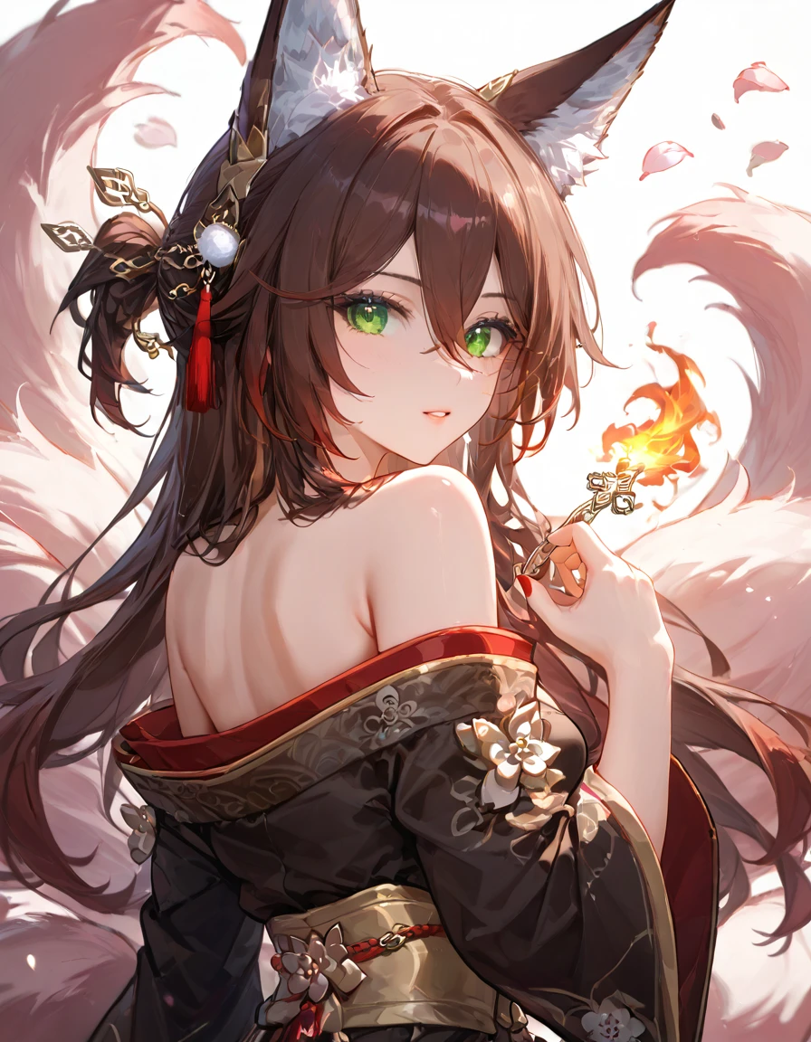 Fugue, 1girl, solo, long hair, looking at viewer, bangs, brown hair, hair ornament, long sleeves, animal ears, hair between eyes, bare shoulders, very long hair, green eyes, tail, upper body, parted lips, japanese clothes, wide sleeves, kimono, off shoulder, nail polish, animal ear fluff, petals, fox ears, fox tail, fire, fox girl, multiple tails, red nails, black kimono, kitsune