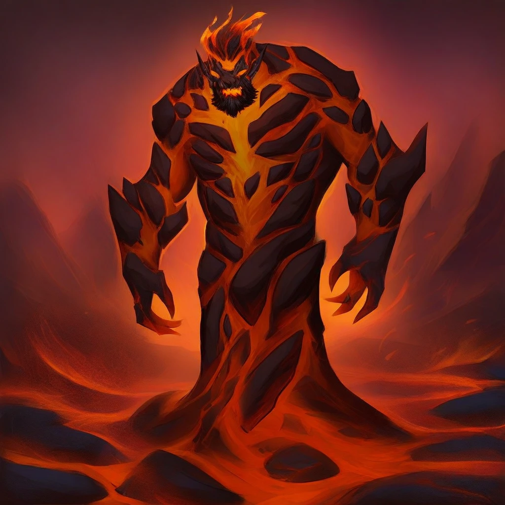 best quality, masterpiece, 1boy, magma skin, magma, lava, fire hair, fire beard, FireelementalIL, fire(theme), rocks, monster, monster boy, FireelementalIL.V1-male