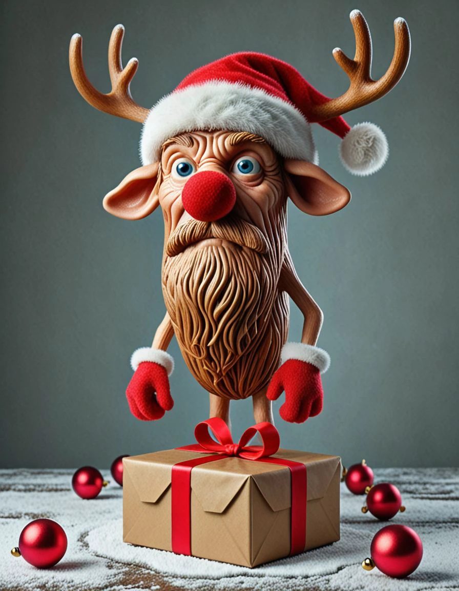 score_9,score_8_up,score_7_up,exaggerated caricature,andouillette,, christmas tree, hat, santa hat, realistic, 1boy, christmas, solo, christmas ornaments, gift, male focus, antlers, reindeer, standing, reindeer antlers, gift box, looking at viewer, old, no humans, full body, box<lora:PONY-ANDOUILLETTE:1>