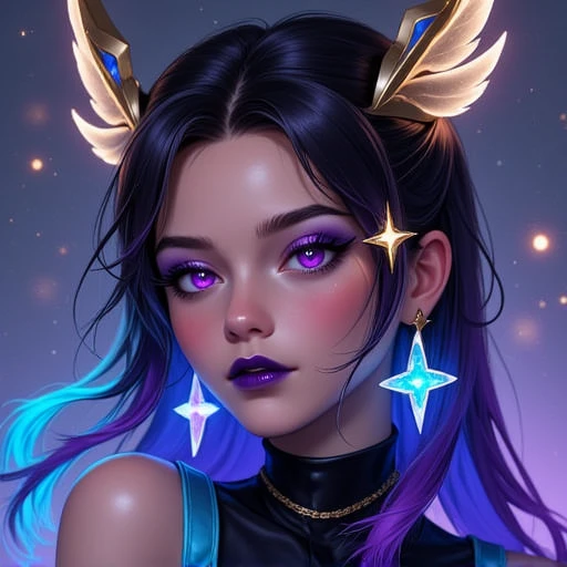 otherworldly appearance. Her skin is a smooth, dark purple lipstick that complements her outfit. She has two-toned hair, youthful face with a delicate jawline, photorealistic CGI artwork featuring a young PSG Syndra with an ethereal, expressive purple eyes with a hint of a star-like glow, celestial appearance. Her eyes are striking, This is a digital illustration of a fantastical, black and turquoise hair