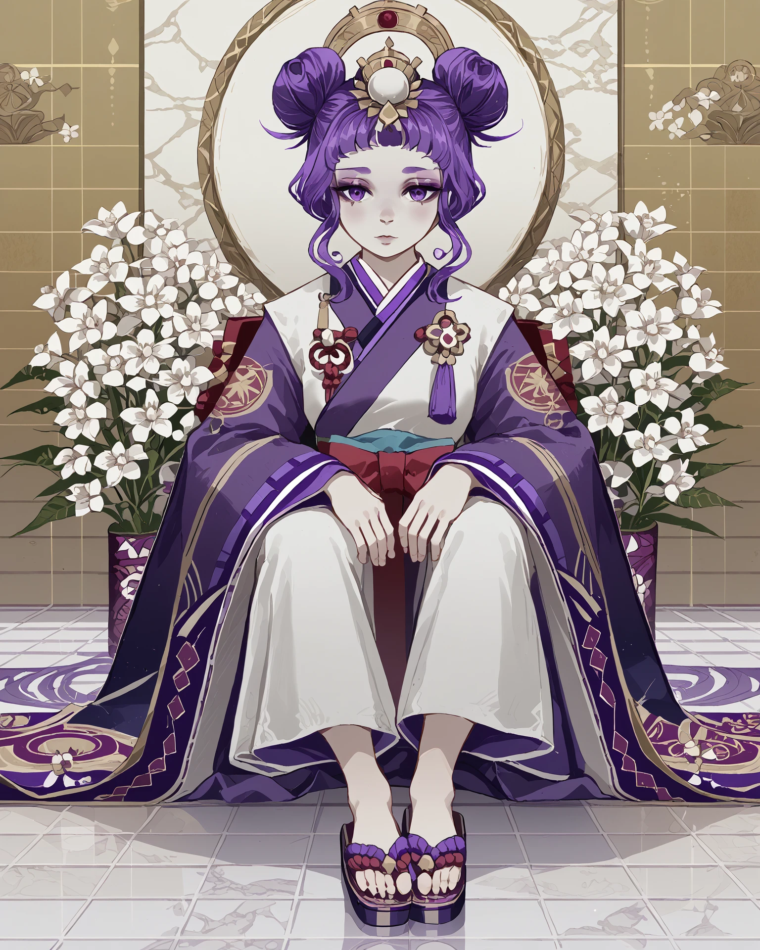 1girl, amateco, sitting, purple hair, hair buns, white flowers, tile floor, ornate, masterpiece, highest quality, absurdres, digital art, score_9, score_8_up, score_7_up, <lora:AmaterasuCore_XL-000011:1.1>,   <lora:DKXLP:1> DK