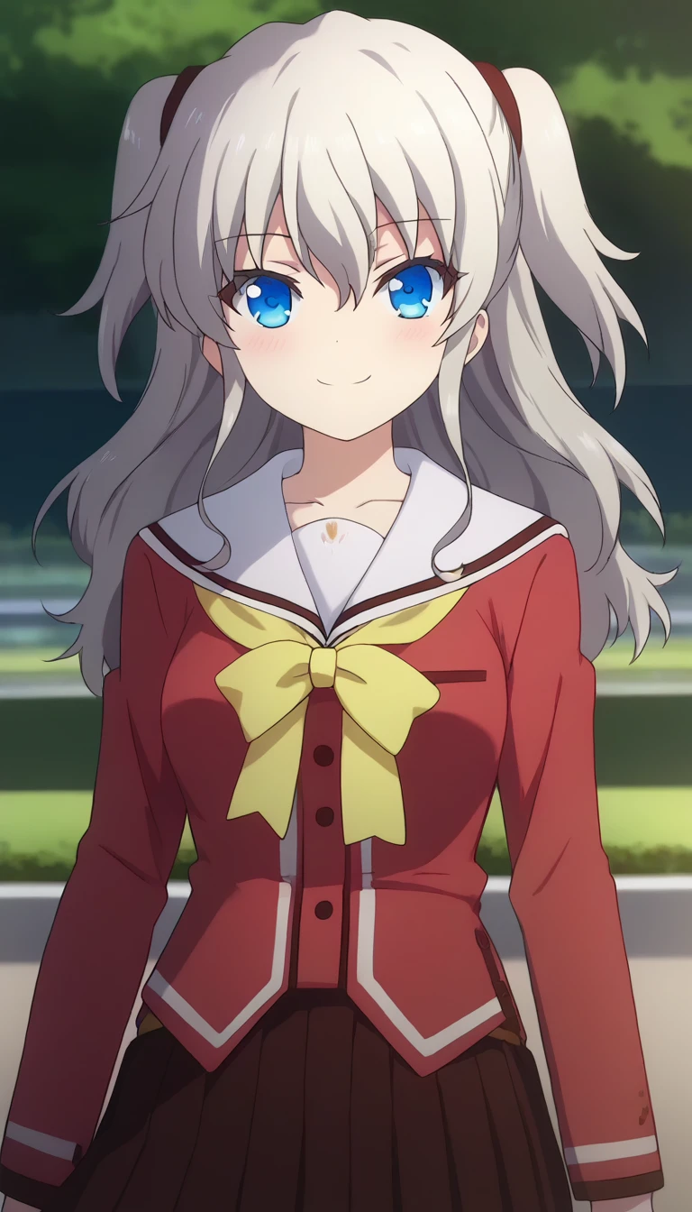 score_9,score_8_up,masterpiece,best quality,correct anatomy,anime_source,1girl,solo,perfect eyes,perfect arms,perfect legs,perfect face,outdoors,upper body,(portrait:1.5),looking at viewer,facing viewer,smile,blush,Tomori Nao,long hair,grey hair,two side up,sidelocks,hair between eyes,bangs,blue eyes,collarbone,school uniform,white sailor collar,red shirt,yellow bowtie,yellow ribbon,long sleeves,medium breasts,miniskirt,red skirt,pleated skirt,black socks,loafers,brown footwear,<lora:Tomori Nao(cl)-Pony:1.8>,