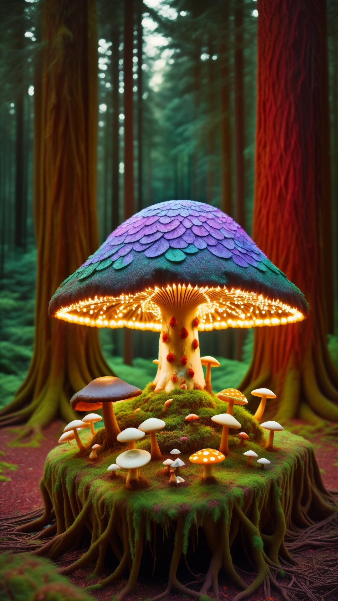 An image of a ChristmasLightsStyle A mystical twilight forest scene with a variety of bioluminescent mushrooms of different shapes, sizes, and colors, glowing softly in the dim light. The mushrooms are the main focus, with the surrounding forest being slightly blurred in the background. The overall mood is serene and enchanting, with a touch of fantasy and mystery. The colors are cool and muted, with pops of bright, glowing colors from the mushrooms. The mushrooms are arranged in a whimsical, organic pattern, creating a sense of depth and intrigue. The ground is covered in a soft moss, adding to the overall feeling of enchantment and mystery.. <lora:ChristmasLightsStyleSD15:0.9>