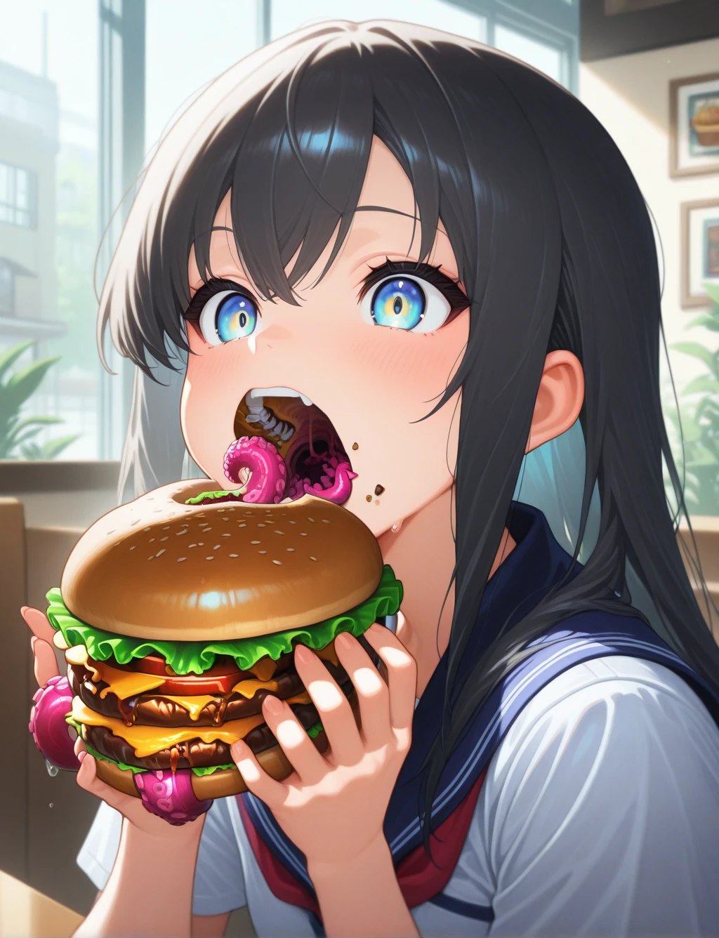 masterpiece,best quality,higres illustration,detailed face,1girl,<lora:tentaclesmouth_IL:1>,tentacles,upper body,school uniform,eating hamburger,cafe,